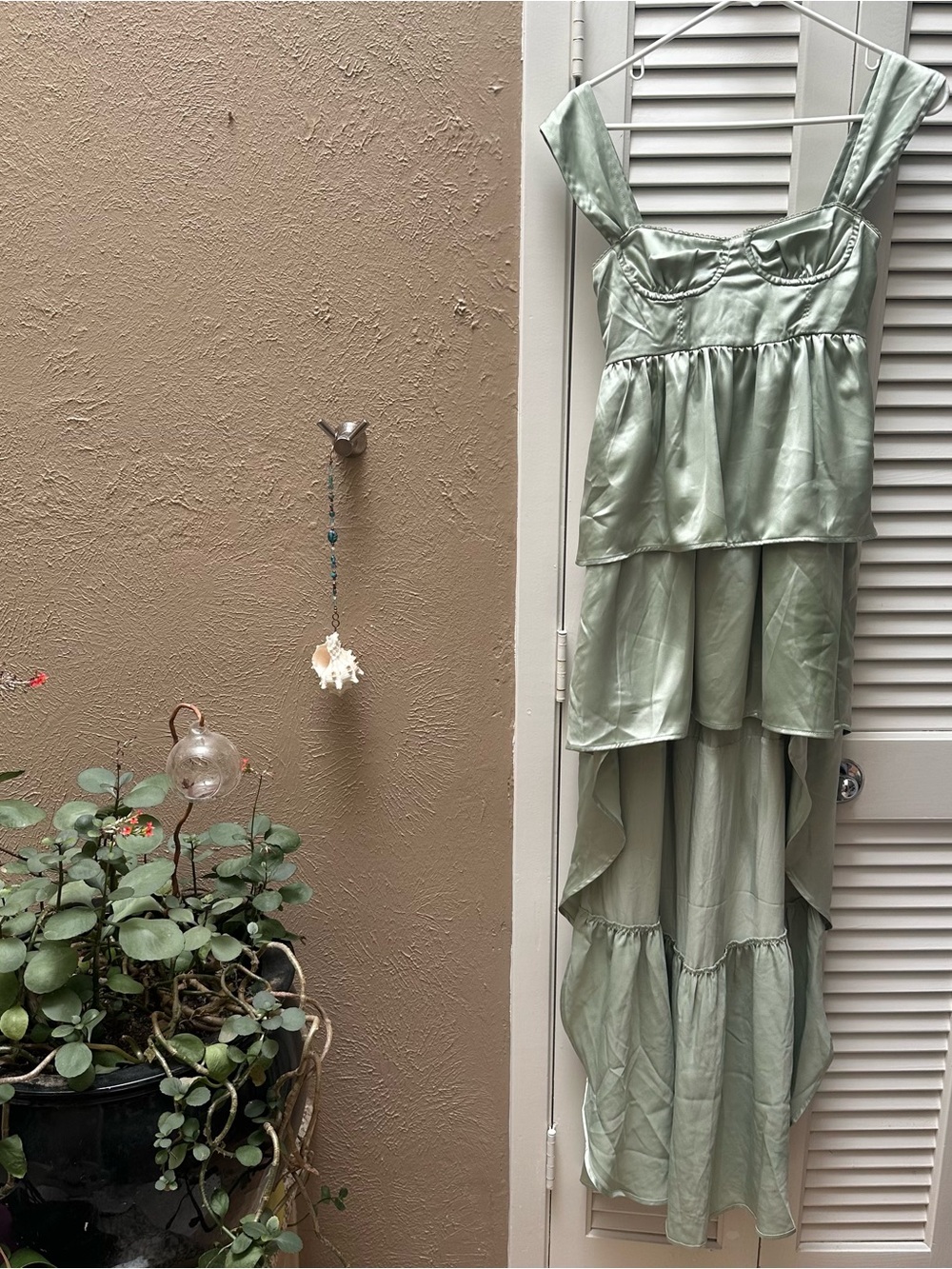 Sage Green Satin Tiered High-Low Dress